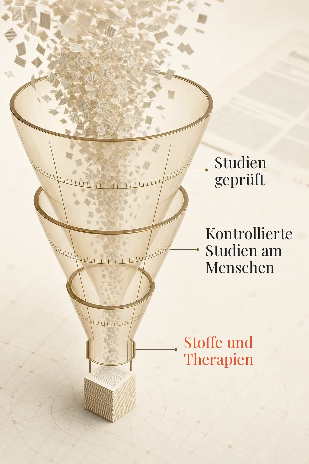 Infografik: geprüfte Studien laufen durch einen dreistufigen Trichter, zuerst zu kontrollierten Studien am Menschen, am Ende stehen Stoffe und Therapien mit eigener Seite