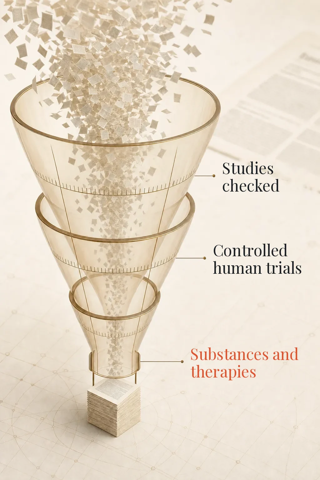 Infographic: checked studies run through a three-stage funnel, narrowing to controlled human trials and ending in substances and therapies with their own page