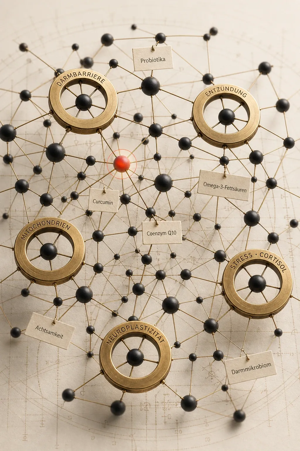 Modell eines Netzes: schwarze Kugeln und Messingdraht, fünf gravierte Ringe für Darmbarriere, Entzündung, Mitochondrien, Neuroplastizität und Stress · Cortisol, Papierschilder mit Stoffnamen, ein rot leuchtender Knoten