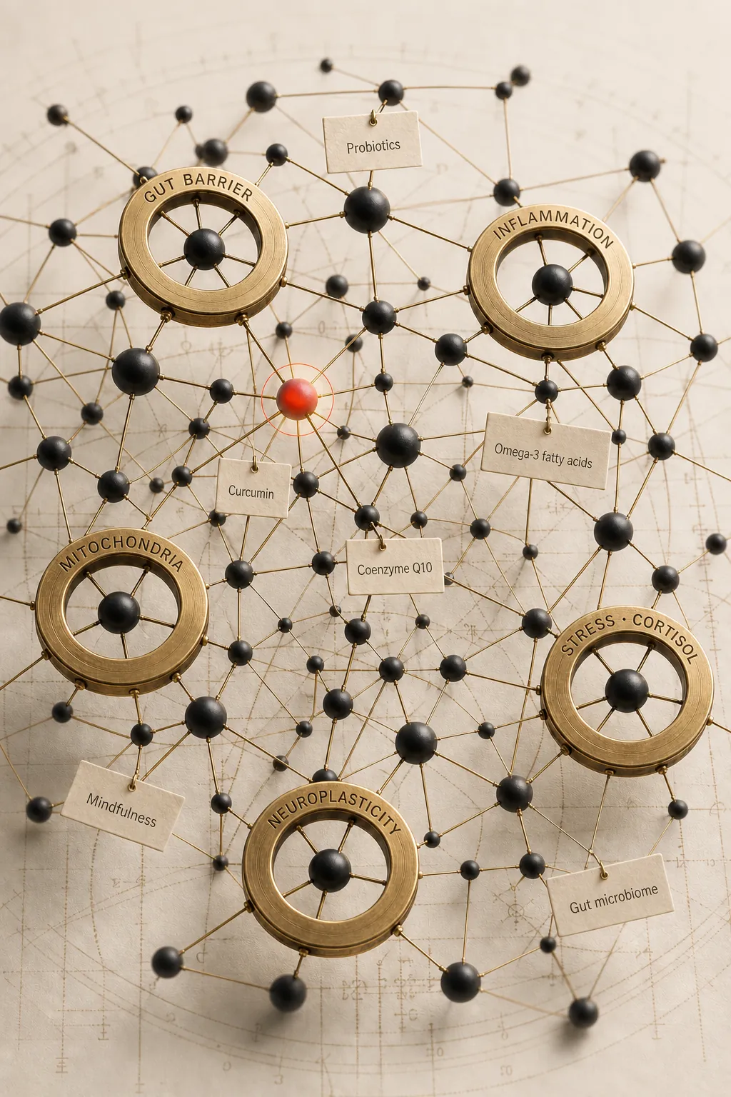Model of a network: black spheres and brass wire, five engraved rings for gut barrier, inflammation, mitochondria, neuroplasticity and stress · cortisol, paper tags with substance names, one glowing red node